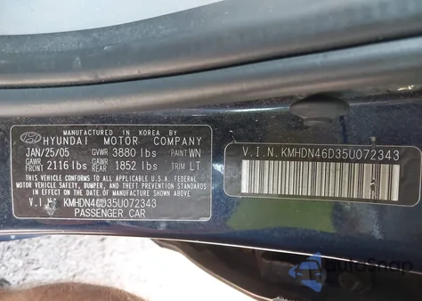 2005 Hyundai Elantra Gls/Gt z USA, uszkodzony, nr VIN KMHDN46D35U072343